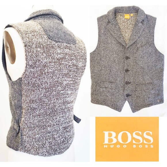 Hugo BOSS ORANGE Mens Wool Mixed Textured Wool Woven and Knit Vest Grey Black S - Picture 1 of 11